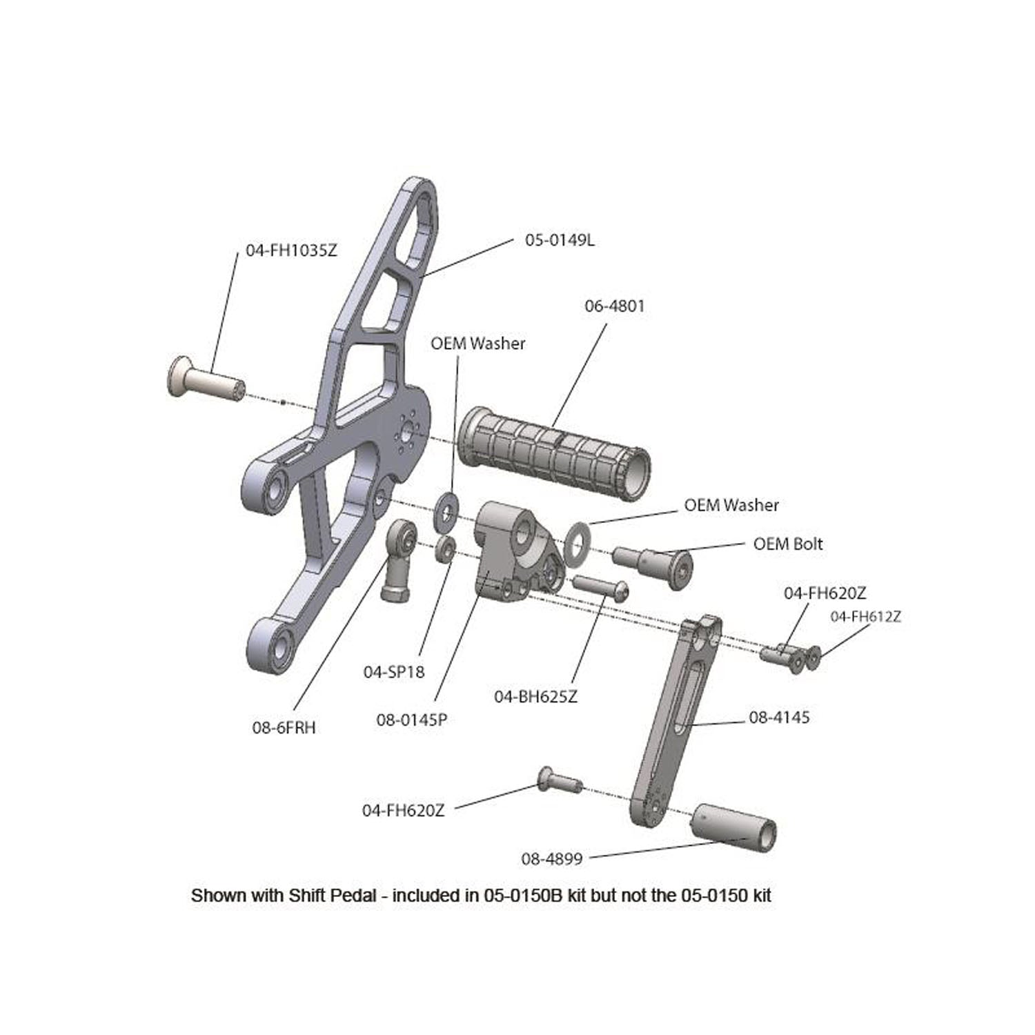 05-0149B 2009-12 Kawasaki ZX-6R Complete Rearset - STD / GP Shift